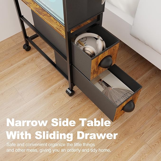 Small Narrow Side End Table, 2 Drawer Slim Nightstand Bedside Sofa Table with Wheels, Space Saving Rolling Skinny Thin Desk with Storage Bag for Bedroom Living Room Couch Bathroom Dorm