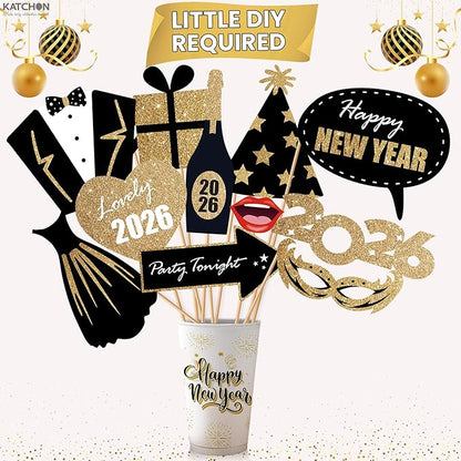 KatchOn, Glitter New Years Photo Booth Props 2026 - Pack of 32 | Photo Booth Props 2026, Happy New Years Decorations 2026 | Photo Props 2026, New Years Eve Party Supplies 2026