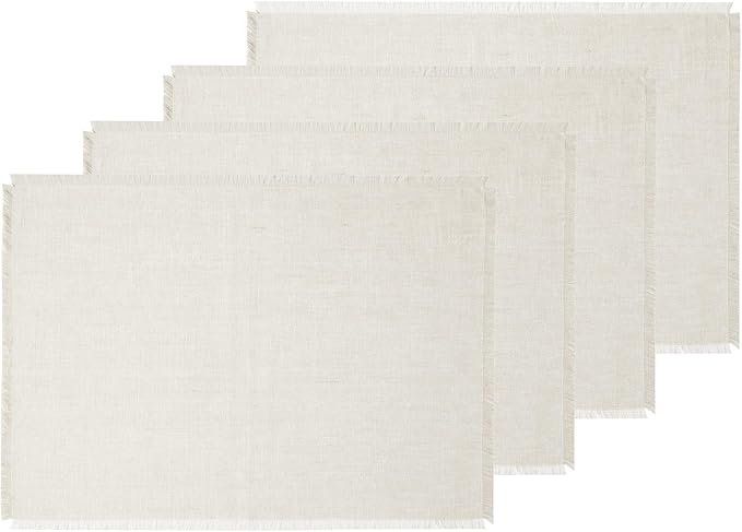 Solino Home Linen Light Natural Placemats Set of 4-100% Pure Linen Placemats 14 x 19 Inch for Fall, Autumn, Christmas, Holiday, New Year - Fringe