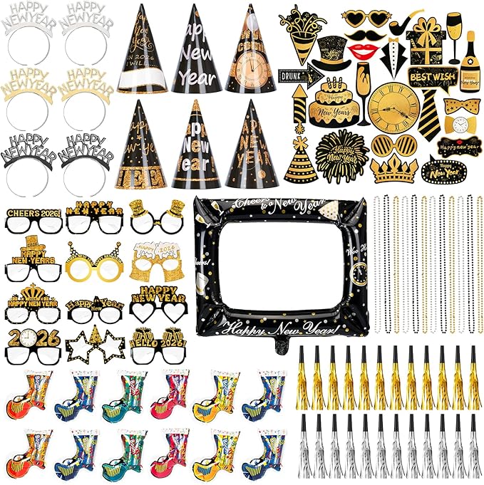 New Year Party Favors 2026, 98PCS Happy New Year Decorations & New Years Eve Party Supplies Set with Headbands, Glasses, Hats, Noise Makers, Photo Booth Props, Frame, Black Gold Party Kit