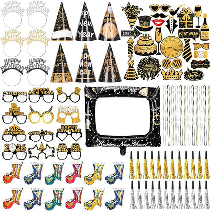 New Year Party Favors 2026, 98PCS Happy New Year Decorations & New Years Eve Party Supplies Set with Headbands, Glasses, Hats, Noise Makers, Photo Booth Props, Frame, Black Gold Party Kit