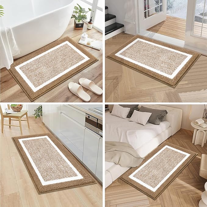 Pauwer Bathroom Rugs Sets 3 Piece Bathroom Shower Rugs with U-Shaped Contour Toilet Mat Absorbent Microfiber Plush Non Slip Bath Mats Machine Washable Shaggy Bath Floor Mats, Khaki