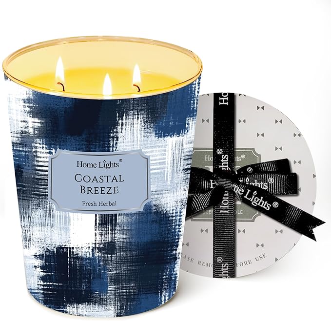 HomeLights Large jar Candle | 3-Wick Long-Lasting Scented Candles, 34oz Natural Soy Wax Candle for Home Scented, Scandinavian Minimalist Design Gifts for Women & Men, Coastal Breeze
