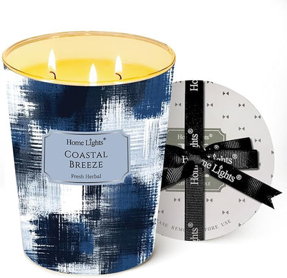 HomeLights Large jar Candle | 3-Wick Long-Lasting Scented Candles, 34oz Natural Soy Wax Candle for Home Scented, Scandinavian Minimalist Design Gifts for Women & Men, Coastal Breeze