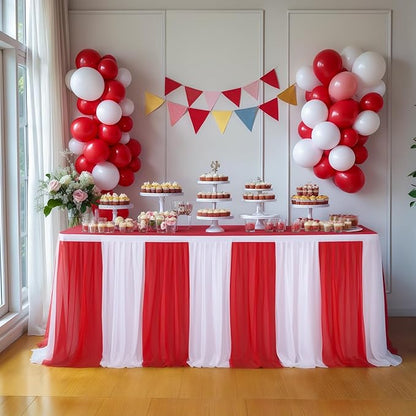 Red White Striped Table Skirt Tulle Circus Table Skirts for Rectangle Table 6ft for Birthday Carnival Circus Party Decorations