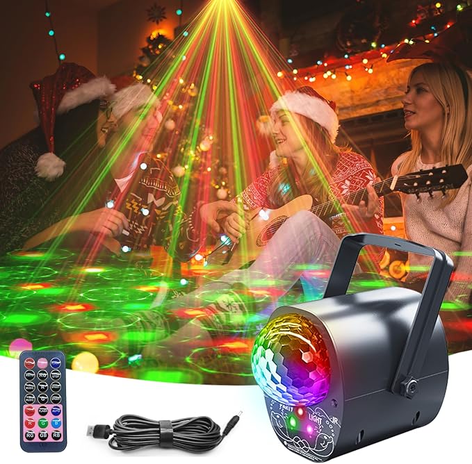 Disco Ball Light Party Lights with Multi-Color Laser Pattern, Sound Activated Strobe Lamp, Remote Control, Home Karaoke Dance Decoration for Birthday Parties, Events & Nightclubs (ABS Plastic)