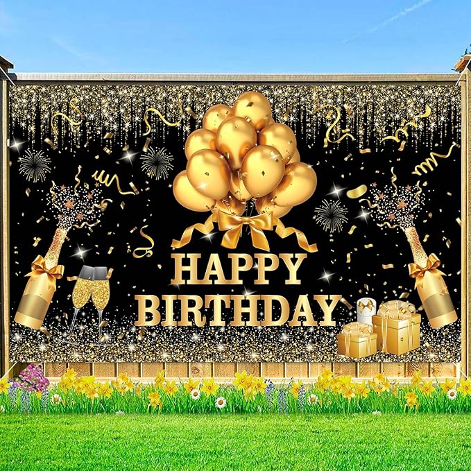 YinQin 180x120 cm Glitter Golden Black Happy Birthday Backdrops Banners Cloth 71x47 inch Bday Party Photography Backgrounds Shiny Black Gold Happy Birthday Sign Party Decorations for Girl Women