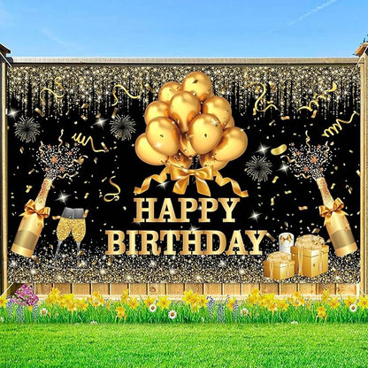 YinQin 180x120 cm Glitter Golden Black Happy Birthday Backdrops Banners Cloth 71x47 inch Bday Party Photography Backgrounds Shiny Black Gold Happy Birthday Sign Party Decorations for Girl Women