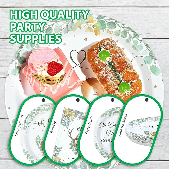 96Pcs Oh Deer He's Almost Here Baby Shower Party Supplies Green Deer Plates and Napkins Woodland Animal Tableware Set for Boy Animal Baby Shower Gender Reveal Party Supplies，Serves 24