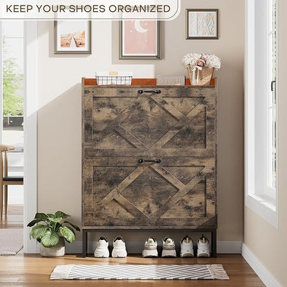 Nicetree Shoe Cabinet with 2 Flip Drawers, Freestanding Shoe Storage Cabinet with Metal Legs, Farmhouse Shoe Organizer for Entryway, Foyer, Hallway