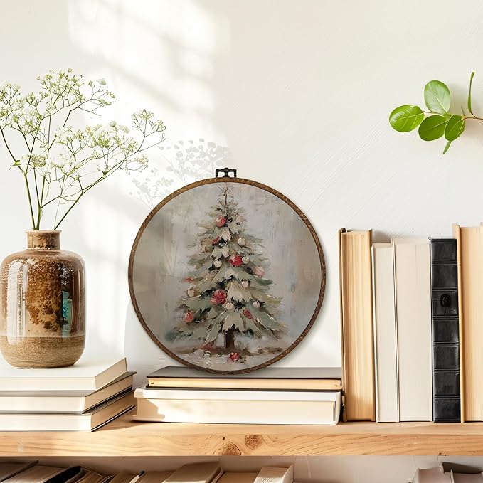 MOTERMATE Vintage Christmas Tree Wall Art Decor Round Framed, Christmas Canvas Wall Art Artwork Prints, Winter Xmas Tree Holiday Hanging Decor Decorations for Home Bedroom Living Room, 10x10 Inch
