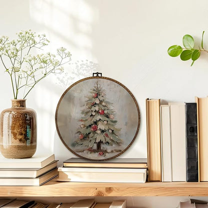 MOTERMATE Vintage Christmas Tree Wall Art Decor Round Framed, Christmas Canvas Wall Art Artwork Prints, Winter Xmas Tree Holiday Hanging Decor Decorations for Home Bedroom Living Room, 10x10 Inch