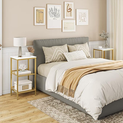 HOOBRO Tall Side Table, 3-Tier Telephone End Table with Adjustable Mesh Shelves, Small Entryway Table with Storage, Small Nightstand for Living Room, Bedroom, Hallway, White and Gold DW01DH01G1