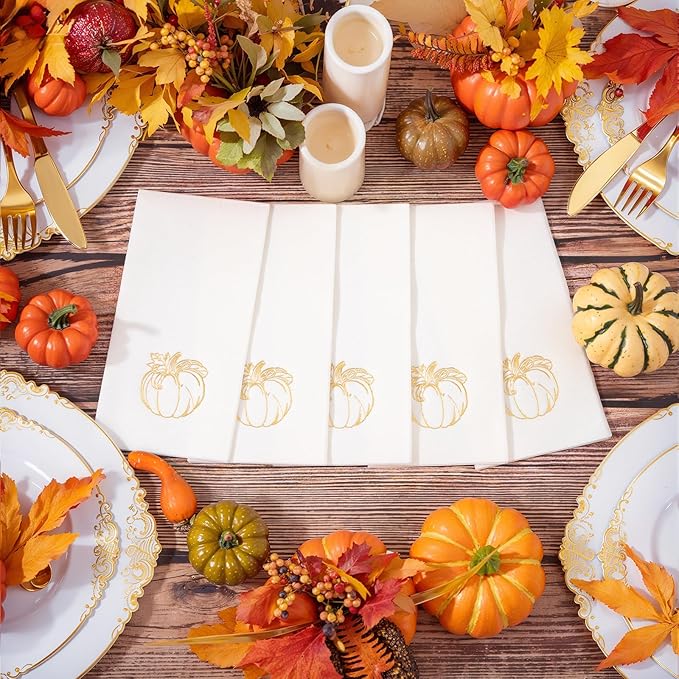 50PCS Thanksgiving Pumpkin Napkins - Heavy Duty Fall Pumpkin Paper Napkins - Thanksgiving Disposable Hand Towels for Friendsgiving Table Decor Party Supplies