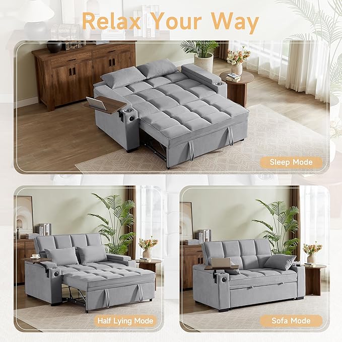 66" Multi-Functional Pull-Out Sofa Bed with Hidden Side Table, Storage Armrests, Built-in Charging Port, Spring Mattress, Solid Wood Frame – Ideal for Small Spaces, Easy Assembly