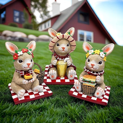OrnamentallyYou Sweet Easter Decoration for Indoor & Outdoor (Joyful Picnic Gathering Bunny Trio Set of Three Figurines, Spring Rabbit Statue 4.5" Decor)