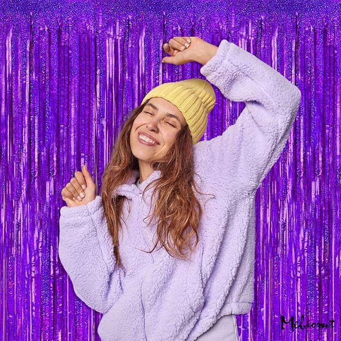 4 Pack 3.2Ft x 8.2Ft Purple Fringe Curtain Backdrop, Sparkle Metallic Tinsel Foil Fringe Streamers Background for Photo Booth Birthday Wedding Baby Shower Halloween Christmas Party Decorations