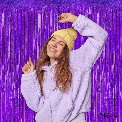 4 Pack 3.2Ft x 8.2Ft Purple Fringe Curtain Backdrop, Sparkle Metallic Tinsel Foil Fringe Streamers Background for Photo Booth Birthday Wedding Baby Shower Halloween Christmas Party Decorations