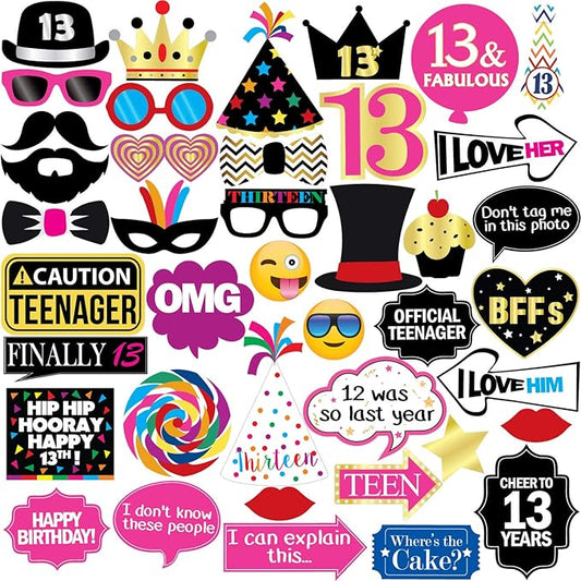 13th Birthday Photo Booth Party Props - 40 Pieces - Funny Official Teenager Birthday Party Supplies, Decorations and Favors