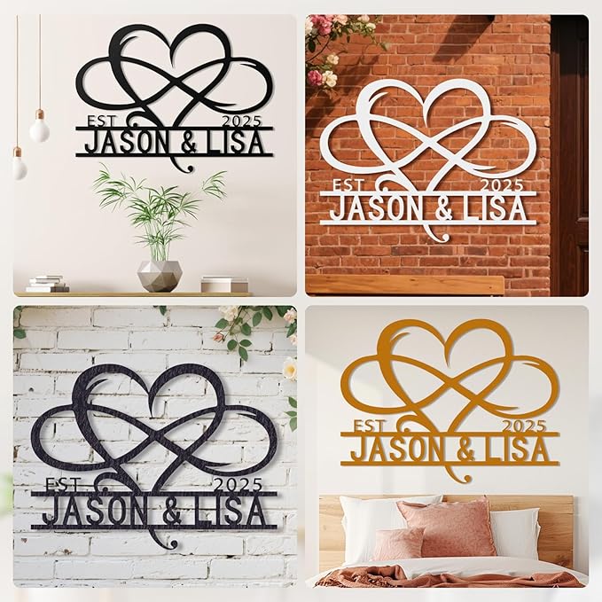 Custom Metal Infinity Heart Name Sign - Custom Sign Monogram with EST Date - Romantic Wedding, Anniversary, Engagement, Newlywed Gift - Rustic Metal Wall Art Decor, Bedroom, Home Decor