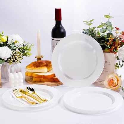 100PCS White Plastic Plates, White Disposable Plates for 50 Guests, 50 Dinner Plates 10.25 inch and 50 Dessert/Salad Plates 7.5 inch for Party, Graduation, Wedding