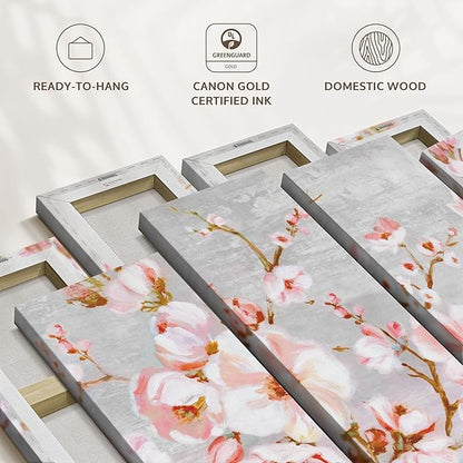 Elephant Stock Spring Cherry Blossoms Wall Art - Horizontal Canvas - 4-Piece Living Room Wall Decor - Painting Floral and Botanical Canvas Print - Pink and Brown Decor for Wall by Eva Watts - 36" X 22"