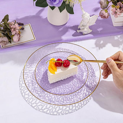 SUT 36Pcs Purple Plastic Plates, Hammered Plates Disposable Heavy Duty, Purple Disposable Plates With Gold Rim, Fancy Plastic plates Include 18 Dinner and 18 Dessert plates for Wedding