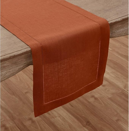 Solino Home Linen Table Runner 108 Inches Long - 100% Pure Linen Cinnamon Table Runner 14 x 108 Inch for Fall, Autumn - Classic Hemstitch