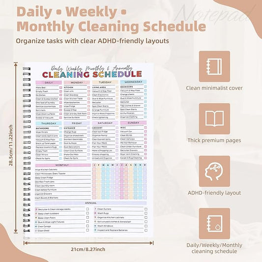 PGJ ADHD Cleaning Planner for Adults – Undated Daily, Weekly & Monthly Cleaning Schedule & Checklist – Household Chores Organizer Notebook for Home Management, Routine Tracking Family Cleaning Tasks