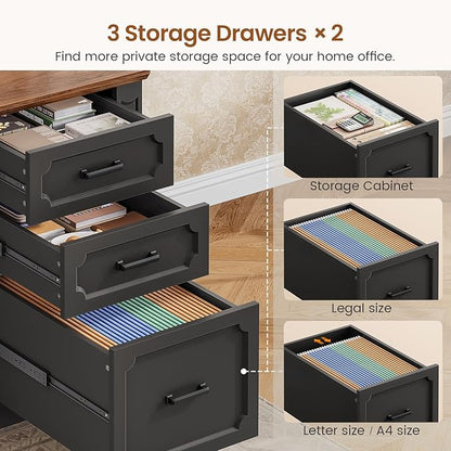 SEDETA Farmhouse 110.3" Two Person Desk with 7 Drawers, Long Computer Desk with Storage Cabinet, 2 Person Desk with Power Outlets for Home Office, Black