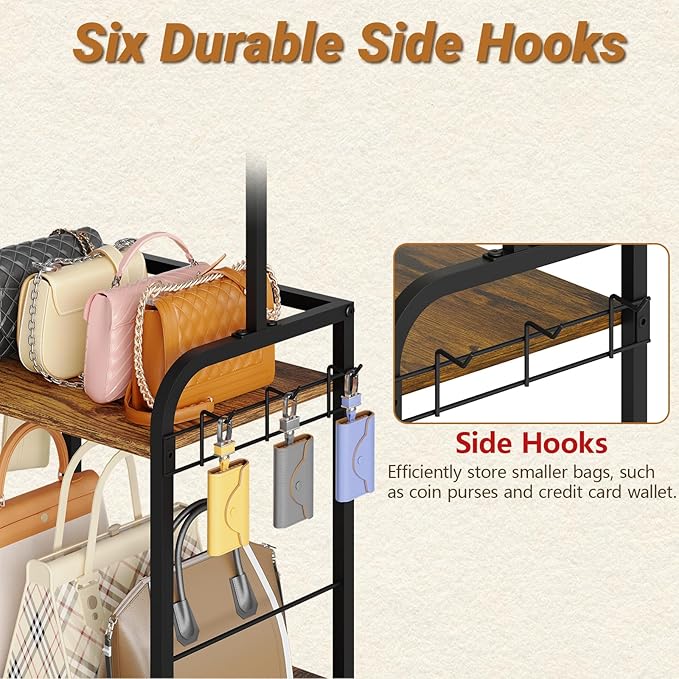 Floor-Standing Purse Organizer for Closet with 5 Hangers & 6 Side Hooks, Tall Purse Rack Stand for Purse Storage, High-Capacity Handbag Organizer, Multi-Purpose Purse Storage Organizer for Small Place