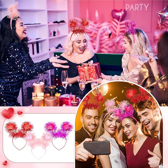 6 Pcs Valentine's Heart Headbands with Heart Boppers and Tinsel Headdresses Red Pink Happy Valentine Headdresses for Women Costume Party Gift Love