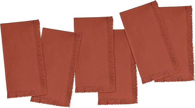 Blue Needles Handmade Cotton Linen Cloth Napkins with Fringes - Set of 6 Rust Dinner Table Napkins 18x18 Inch Hemmed Edges Washable, Soft, Reusable, Perfect for Fall Thanksgiving & Family Dinner