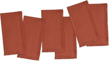 Blue Needles Handmade Cotton Linen Cloth Napkins with Fringes - Set of 6 Rust Dinner Table Napkins 18x18 Inch Hemmed Edges Washable, Soft, Reusable, Perfect for Fall Thanksgiving & Family Dinner
