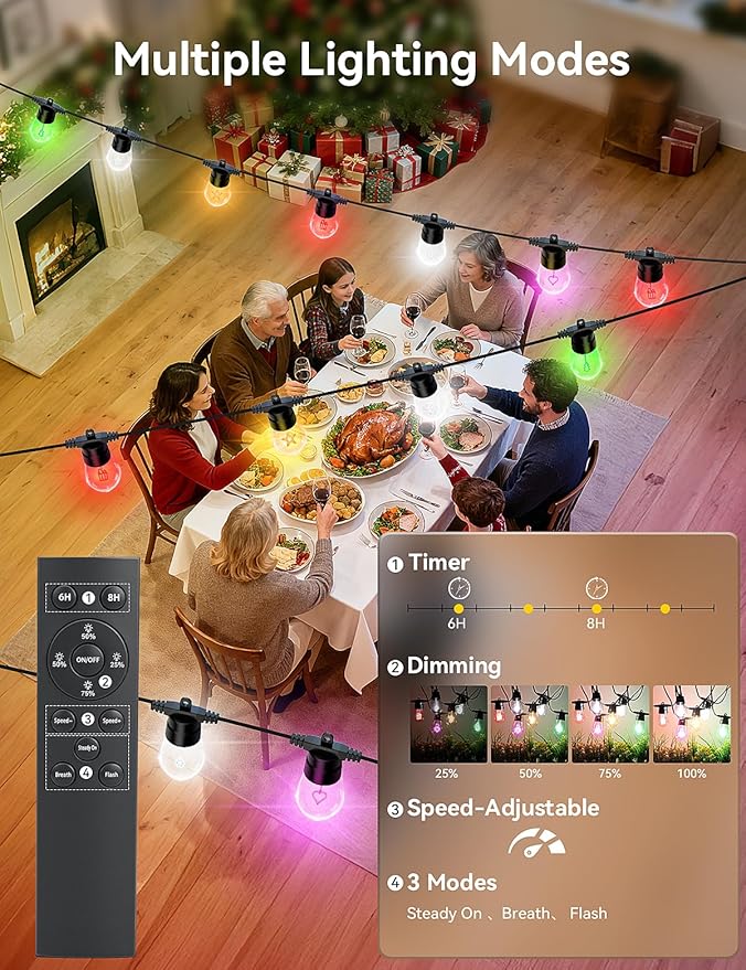 Brightever LED Outdoor String Lights 100FT Patio Lights with 32 S14 LED Edison Bulbs, Dimmable&Speed Adjustment, Plug in IP65 Waterproof Hanging Lights with Remote for Outdoor Indoor Christmas Decor