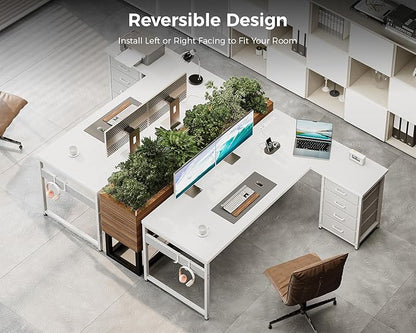 AODK L Shaped Gaming Desk with 4 Drawers, 61" Reversible Home Office Desks with Power Outlets, L Shaped Computer Desk with USB Charging Port and Host Stand, Corner Desk, Easy to Assemble, White