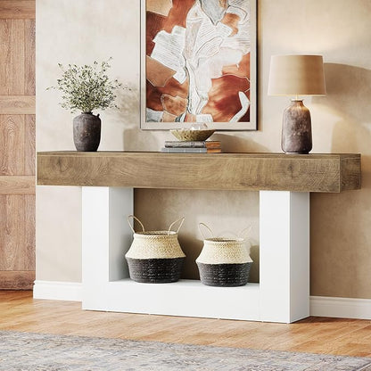 Tribesigns 63-Inch Long Console Table, 2-Tier Entryway Table Sofa Table with Storage, Farmhouse Wood Behind Couch Table for Living Room, Hallway, Light Brown & White