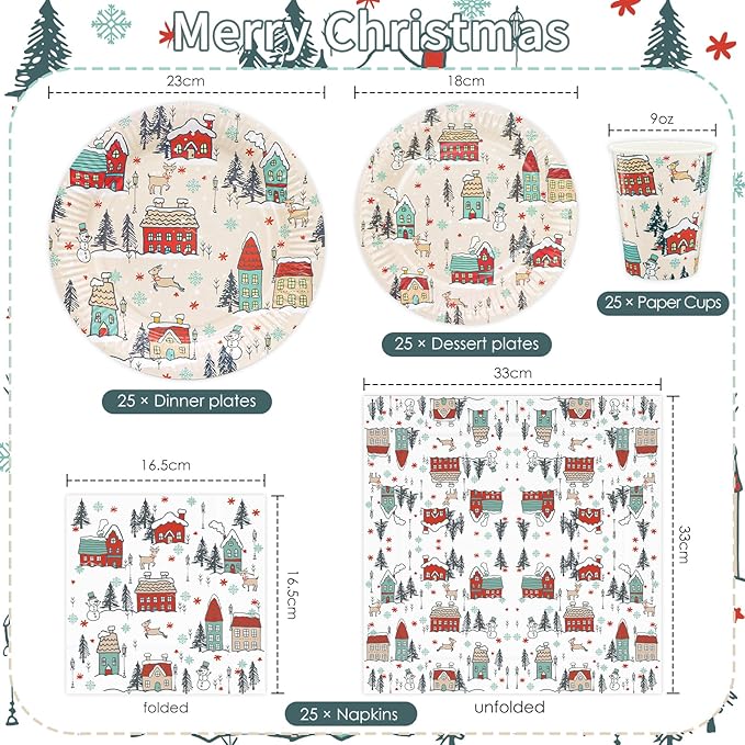 YY 100 Christmas Party Paper Plates Napkins and Cups Set Xmas Village Disposable Dinnerware Set