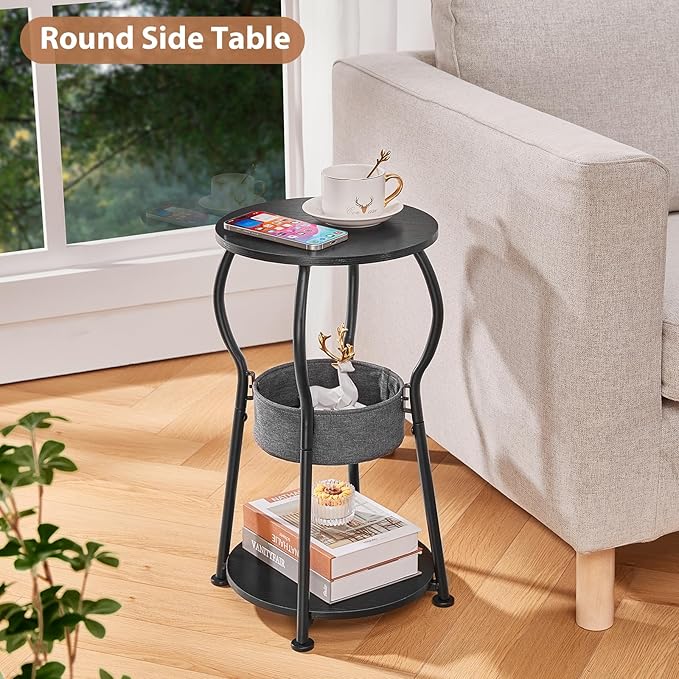Small Round Side Table with Storage Bag, 3-Tier Accent Round End Table with Four Storage Functions for Living Room, 21.6" H Vintage Smalls Corner Table for Small Spaces Nightstand Bedroom