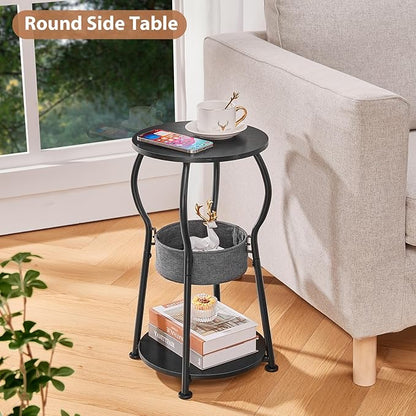 Small Round Side Table with Storage Bag, 3-Tier Accent Round End Table with Four Storage Functions for Living Room, 21.6" H Vintage Smalls Corner Table for Small Spaces Nightstand Bedroom