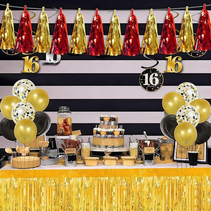 3P Red Gold Tassel Banner Garland Metallic Foil Fringe Banner Tinsel Tassels Streamer Banner Backdrop for Parade Floats Graduation Halloween, Christmas, Baby Bridal Shower Party Decorations