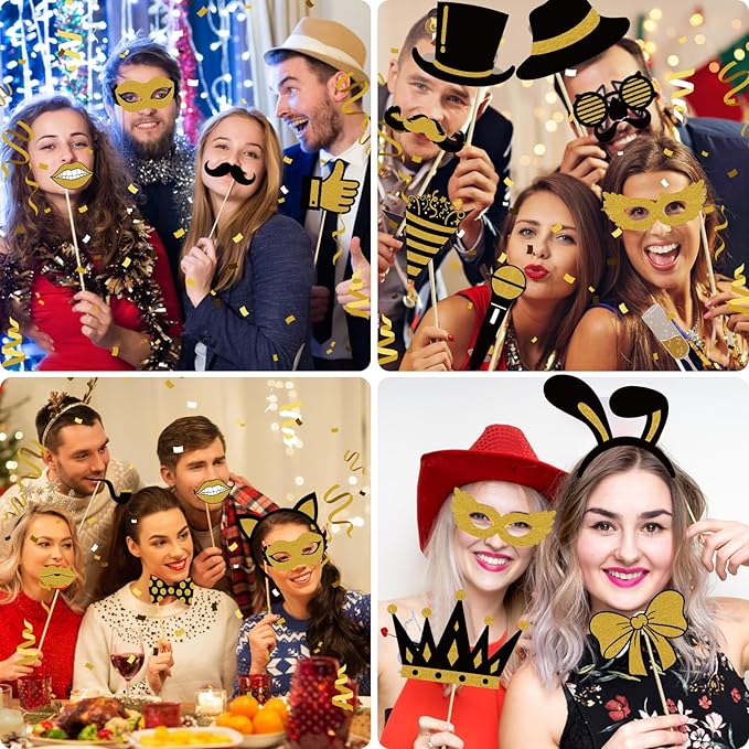 Photo Booth Props, Kaluofan 25PCS Black and Gold Party Decorations, Funny Photo Party Props Accessories for Adults and Kids, Photo Booth Props for Wedding Birthday Christmas New Year‘s Eve