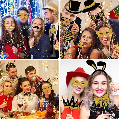 Photo Booth Props, Kaluofan 25PCS Black and Gold Party Decorations, Funny Photo Party Props Accessories for Adults and Kids, Photo Booth Props for Wedding Birthday Christmas New Year‘s Eve
