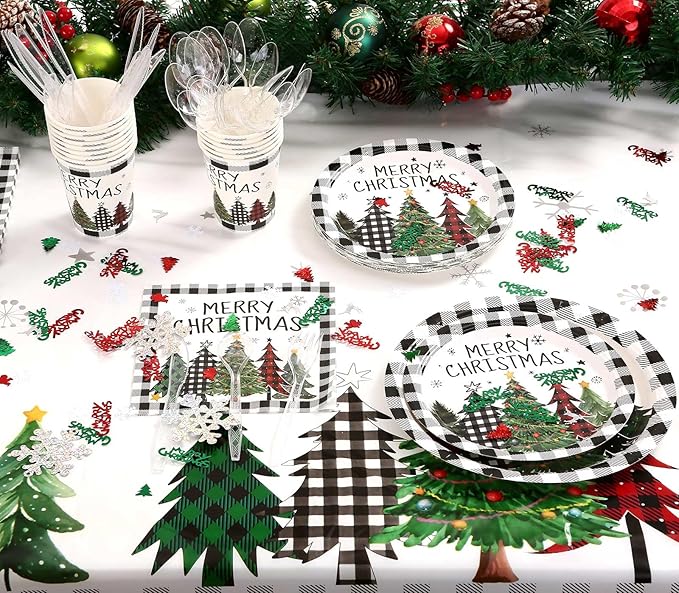 Christmas Plates Disposable Party Set with Plates and Napkins, Cups, Tablecloth Kit Serves 24 Guests, Christmas Tree Pattern Disposable Dinnerware Set for Xmas Holiday Party Disposable Supplie