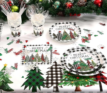 Christmas Plates Disposable Party Set with Plates and Napkins, Cups, Tablecloth Kit Serves 24 Guests, Christmas Tree Pattern Disposable Dinnerware Set for Xmas Holiday Party Disposable Supplie