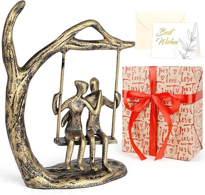 Anniversary Wedding Gifts for Couple/Her - Romantic Couple Statue in Love, Antique Gold Metal Figurine Sweet Loving Together Iron Sculpture Decor, Gifts for Wife Husband Christmas