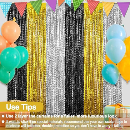 4 Pack Black Gold Silver Fringe Curtain Backdrop 3.2Ft x 8.2Ft Metallic Tinsel Foil Fringe Streamers Background for Photo Booth Mother's Day, Easter, Carnival, Birthday, Wedding Party Decoration