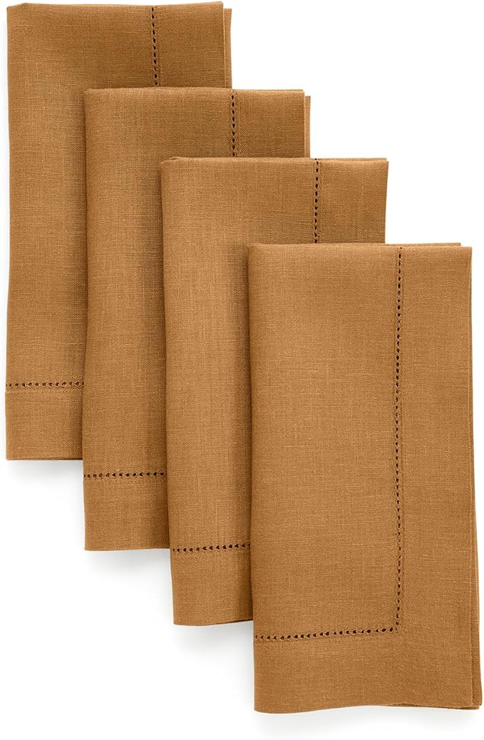Solino Home Linen Cloth Napkins Set of 4-100% Pure Linen Brown Sugar Dinner Napkins 20 x 20 Inch for Fall, Autumn - Classic Hemstitch, Handcrafted and Machine Washable