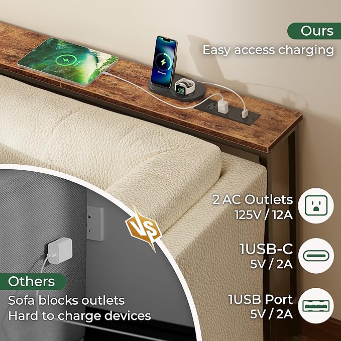 SUPERJARE 94.5 inch Narrow Console Table with Outlet, Sofa Tables, Behind Couch Table, Long Entryway Tables with Charging Station, for Living Room, Rustic Brown