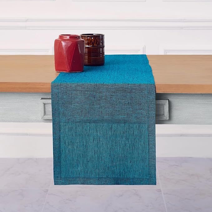 Solino Home Linen Small Table Runner 48 Inches - Athena, 100% Pure Linen Chambray Teal Table Runner 14 x 48 Inch Ideal for Dresser and Coffee Tables - Fall, Autumn, Thanksgiving
